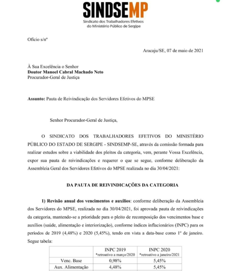 Pauta de Reivindicações dos Servidores do MPSE 2021